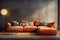 Vivid orange corner velvet sofa near concrete wall with copy space. Minimalist interior design of modern living room. Created with