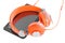 Vivid orange headphones and black tablet pc