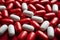 Vivid pills on red canvas, room for text Intriguing pattern, pill recognition emphasized