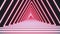 Vivid pink lines are crossing and forming neon triangle tunnel on black background. Geometric motion background of