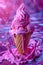 Vivid Pink Melting Ice Cream Cone Splash on Purple Background Vibrant Food Photography Concept