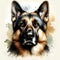 A vivid portrait of a German Shepherd with intense eyes and a serious expression