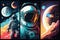 Vivid Poster with astronaut, galaxy, planet, moon. Illustration AI Generative