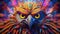 Vivid psychedelic bird face with saturated multicolored feathers and large expressive eyes