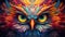 Vivid psychedelic bird face with saturated multicolored feathers and large expressive eyes