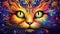 Vivid psychedelic cat face with saturated multicolored fur captivating mystique of feline beauty