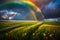 A vivid rainbow arching over a lush meadow, its colors blending seamlessly with the horizon