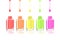 Vivid Rainbow nail polish bottles. Multicolored drips isolated on white background. Vector illustration eps10: mesh and gradient.