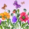 Vivid summer background. Beautiful colorful poppy flowers and flying butterflies on lilac background. Square shape.