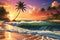 Vivid Sunset Colors Drenching a Serene Beach - Waves Gently Caressing the Shore, Silhouettes of Palm Trees