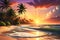 Vivid Sunset Colors Drenching a Serene Beach - Waves Gently Caressing the Shore, Silhouettes of Palm Trees