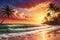 Vivid Sunset Colors Drenching a Serene Beach - Waves Gently Caressing the Shore, Silhouettes of Palm Trees