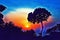 Vivid sunset sky with tree silhouette digital illustration. Summer travel on tropical island.