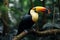 Vivid Toco Toucan perched on a jungle branch, tropical scene