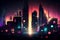 Vivid and vibrant city buildings view with sounds elements, colors particles. Audio music backgrounds. Generative AI.