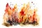 Vivid watercolor portrayal of a catastrophic forest fire, with trees engulfed in orange flames. Generative AI