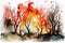 Vivid watercolor portrayal of a catastrophic forest fire, with trees engulfed in orange flames. Generative AI