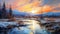 Vivid Winter River Painting With Golden Light And Mountainous Vistas