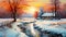 Vivid Wintery Sunset: Germany Winter Landscape With Art House And Creek