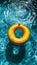 Vivid yellow pool float ring drifting in serene water of a shimmering blue swimming pool