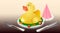 A vividly absurd illustration with a rubber duck on the dinner table