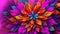 A vividly colored flower bursts to life against a dark black backdrop in this striking painting, A kaleidoscopic explosion of