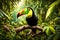 A vividly colored keel-billed toucan in its natural habitat, surrounded by lush foliage