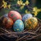 Vividly decorated Easter eggs nestled in a cozy nest, symbolizing renewal