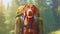 Vizsla dog wearing hiking backpack in forest