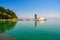 Vlacherna monastery in the port of Kanoni in Corfu island, beautiful landscape scenery, Ionian Sea, Greece