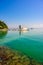 Vlacherna monastery in the port of Kanoni in Corfu island, beautiful landscape scenery, Ionian Sea, Greece