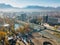 Vladikavkaz, capital of North Ossetia. Panorama of historical downtown from drone flight