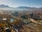 Vladikavkaz, capital of North Ossetia. Panorama of historical downtown from drone flight