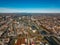 Vladikavkaz, capital of North Ossetia. Panorama of historical downtown from drone flight