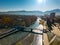 Vladikavkaz, capital of North Ossetia. Panorama of historical downtown from drone flight