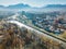 Vladikavkaz, capital of North Ossetia. Panorama of historical downtown from drone flight