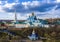 Vladimir Cathedral of the Zadonsk Nativity of the mother of God monastery, aerial photography from a bird`s eye view