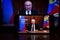 Vladimir Putin on the news. President of Russian speech on TV. Russia and Ukraine war