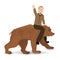 Vladimir Putin riding a bear wild brown. Saddled