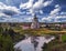 Vladimir sity with Russian orthodox churches, river, residential houses and trees in summer