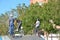 Vladivostok, Russia, August, 31, 2017. Teens learning to jump on the bikes on the ground on Sportivnaya promenade in Vladivostok