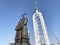 Vladivostok, Russia, February, 29,2020. Monument to saints Cyril and Methodius and chapel on the observation platform at the upper