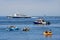 Vladivostok, Russia, July, 29,2018. Emergency boat and other small boats in the Amur Bay in Vladivostok