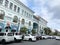 Vladivostok, Russia, October, 26, 2019. Cars parked near house number 7- tea house and warehouse of manufactory Zhuklevich. Built