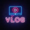 Vlog neon sign vector design template. Blogging neon logo, light banner design element colorful modern design trend