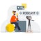 Vlogger sitting in abstract chair and recording Podcast. Live streaming. Blogger in headset with microphone broadcasting