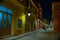 VLORA-VLORE, ALBANIA: Street with old historical buildings in the city center at night.