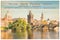 Vltava river and Charles bridge, Prague, Czech republic, collage on vintage postcard background, word postcard in several