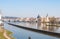 Vltava river in Prague, Czech Republic, view of Charles Bridge and river rapids, and Slavonic Island