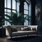 Vntage Kensington Leather Sofa in Luxury Living Room Interior, Soft Light From Window, Green Pot Plant, Wood Parquet Generative Ai